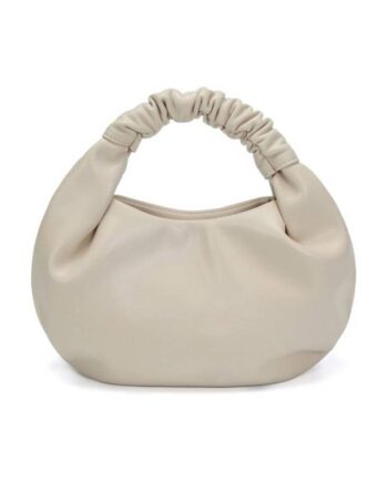 Beige Ruched Faux Leather Top-Handle Handbag
