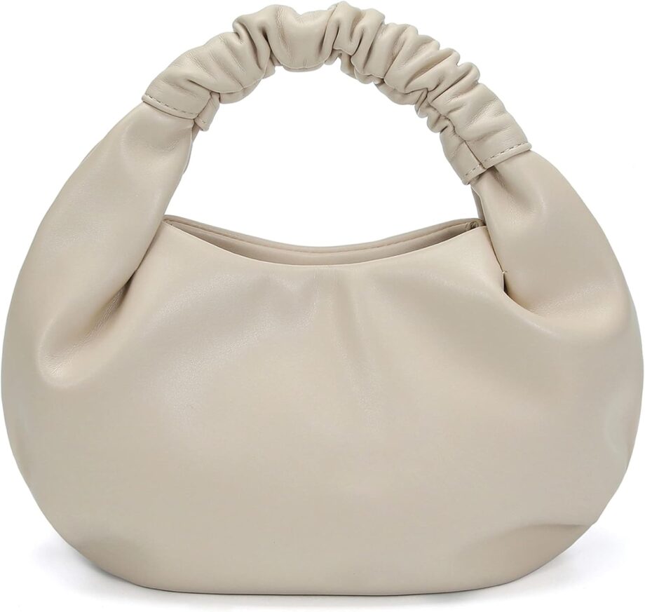 Beige Ruched Faux Leather Top-Handle Handbag