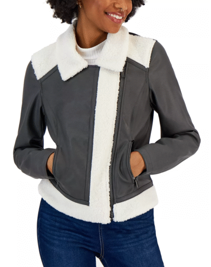 Women's Shearling Aviator Fur Leather Jacket In Gray