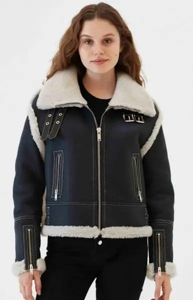 Women's Shearling B3 Aviator Leather Jacket In Black